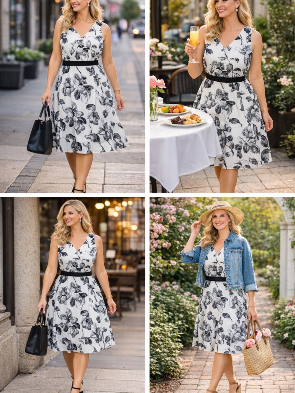 Talbots Black & White Floral V-Neck Midi Dress